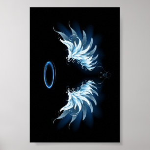 Affiche Blue Glowing Angel Wings on black background