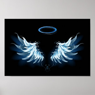 Affiche Blue Glowing Angel Wings on black background