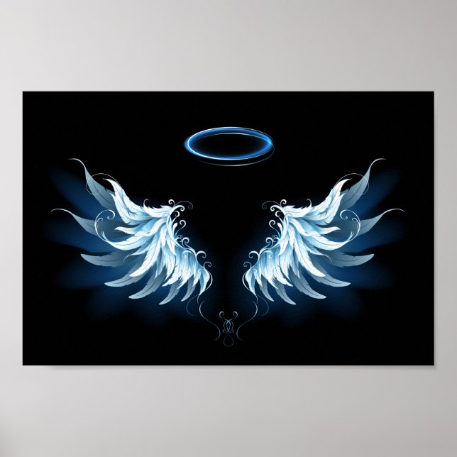 Affiche Blue Glowing Angel Wings on black background (Devant)