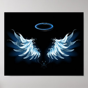 Affiche Blue Glowing Angel Wings on black background