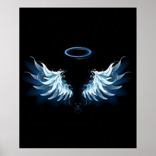 Affiche Blue Glowing Angel Wings on black background