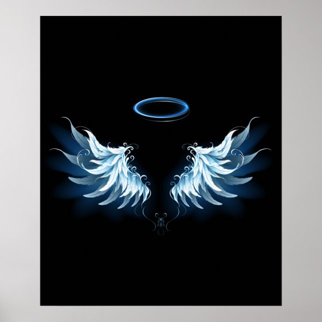 Affiche Blue Glowing Angel Wings on black background (Devant)