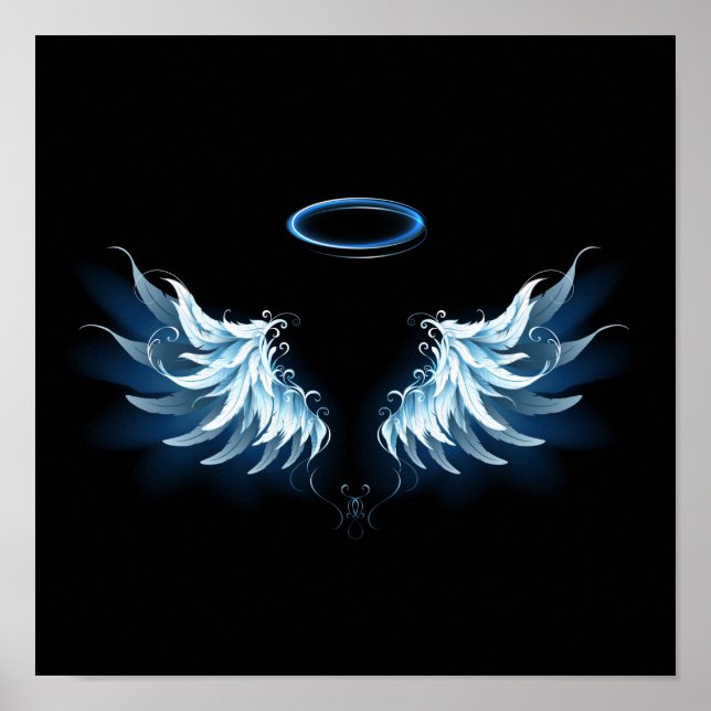 Affiche Blue Glowing Angel Wings on black background (Devant)