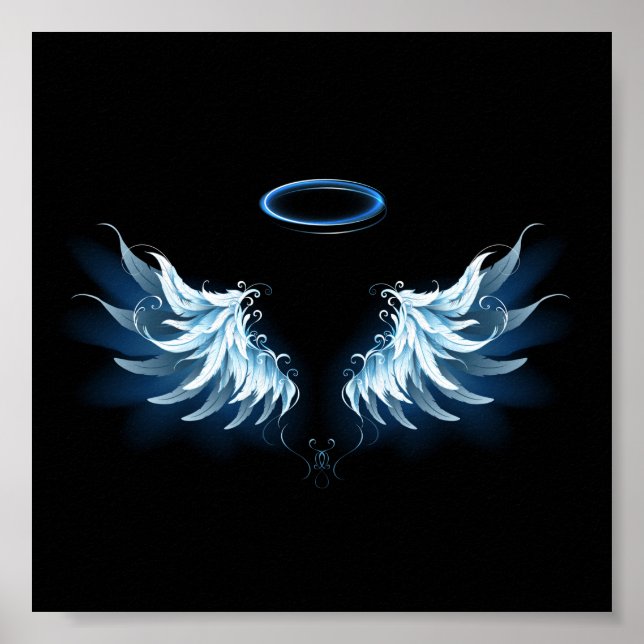 Affiche Blue Glowing Angel Wings on black background (Devant)