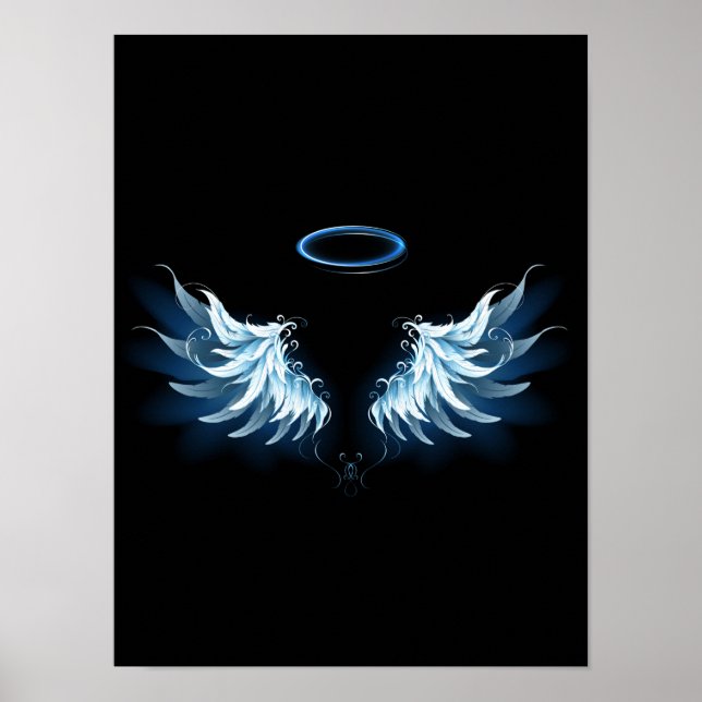 Affiche Blue Glowing Angel Wings on black background (Devant)