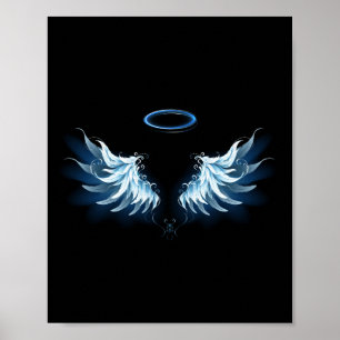Affiche Blue Glowing Angel Wings on black background