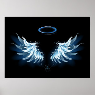 Affiche Blue Glowing Angel Wings on black background