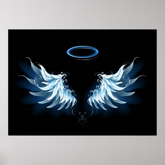 Affiche Blue Glowing Angel Wings on black background (Devant)