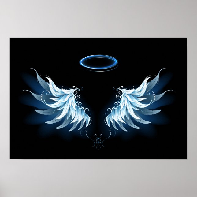 Affiche Blue Glowing Angel Wings on black background (Devant)
