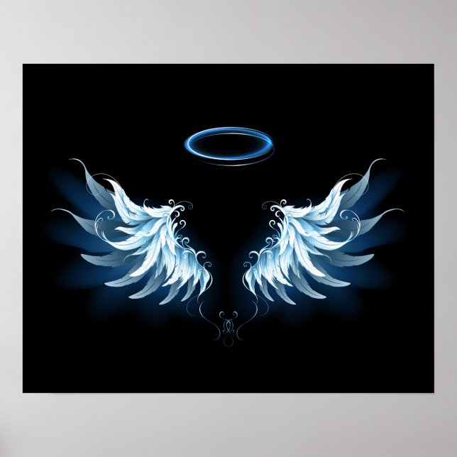Affiche Blue Glowing Angel Wings on black background (Devant)
