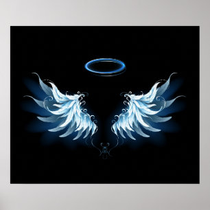 Affiche Blue Glowing Angel Wings on black background