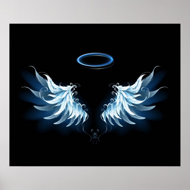 Affiche Blue Glowing Angel Wings on black background (Devant)