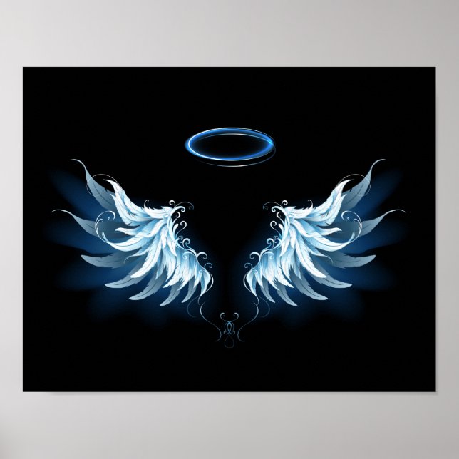 Affiche Blue Glowing Angel Wings on black background (Devant)