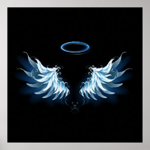 Affiche Blue Glowing Angel Wings on black background
