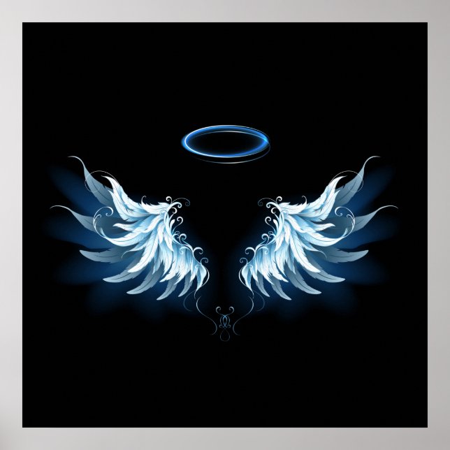 Affiche Blue Glowing Angel Wings on black background (Devant)