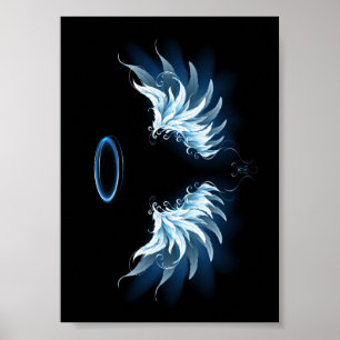 Affiche Blue Glowing Angel Wings on black background