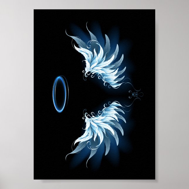 Affiche Blue Glowing Angel Wings on black background (Devant)