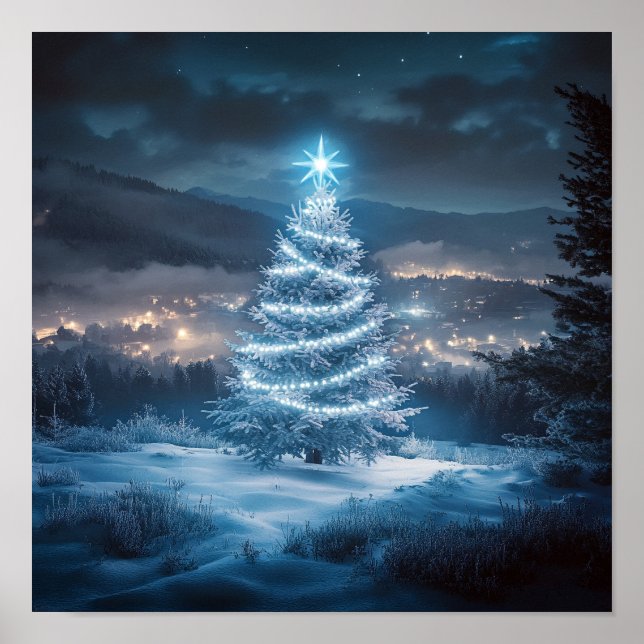 Affiche Blue Glowing Winter Night Christmas Tree (Devant)