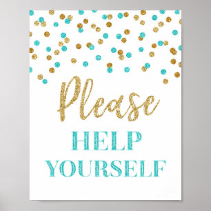 Affiche Blue Gold Confetti Please Help Yourself Sign