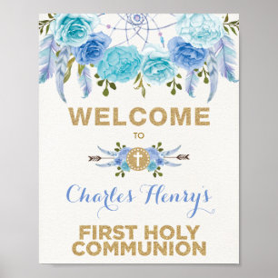 Affiche Blue Gold Floral Dreamcatcher Communion Bienvenue