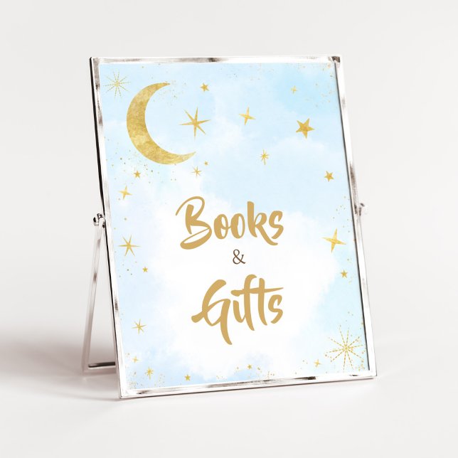 Affiche Blue Gold Over the Moon Baby Books and Gifts (Moon and Stars Baby Shower Books and Gifts Sign)