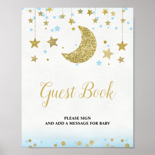 Affiche Blue Gold Over the Moon Baby shower de livre d'hôt (Devant)