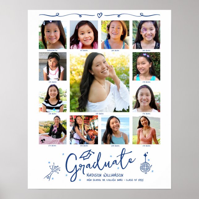 Affiche Blue Graduation K–12 Photo Collage Doodles White (Devant)