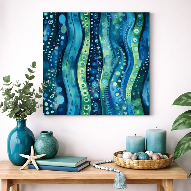 Affiche Blue Green Abstract Wave Watercolor Wall Art (Blue and green abstract boho waves)