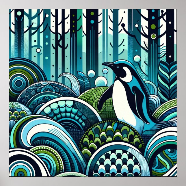 Affiche Blue Green Lovey Penguin Forêt extérieure Abstrait (Devant)