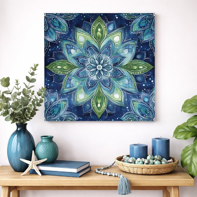 Affiche Blue Green Mandala Floral Watercolor Art (Blue and green mandala art print)