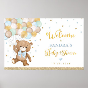 Affiche Blue Green Teddy Bear Balloon Welcome Baby Boy