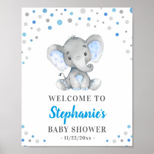 Affiche Blue Grey Elephant Polka Dot Baby shower Bienvenue