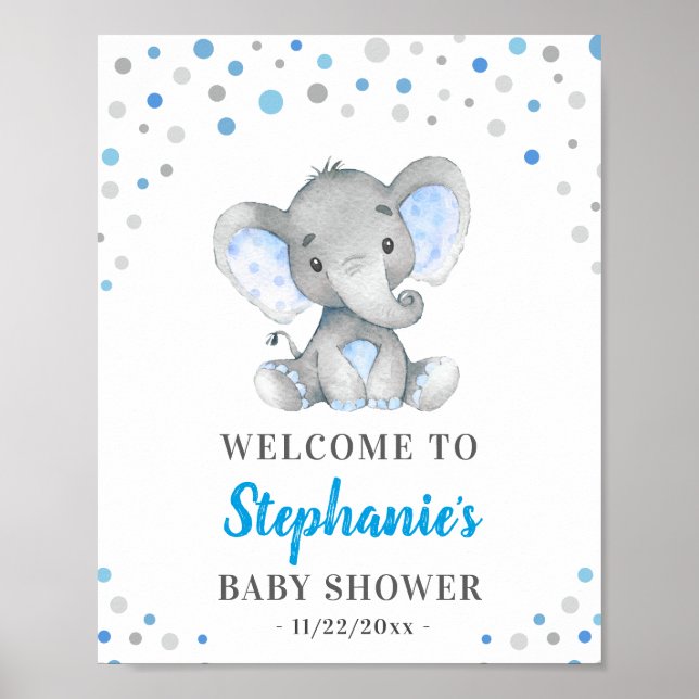 Affiche Blue Grey Elephant Polka Dot Baby shower Bienvenue (Devant)