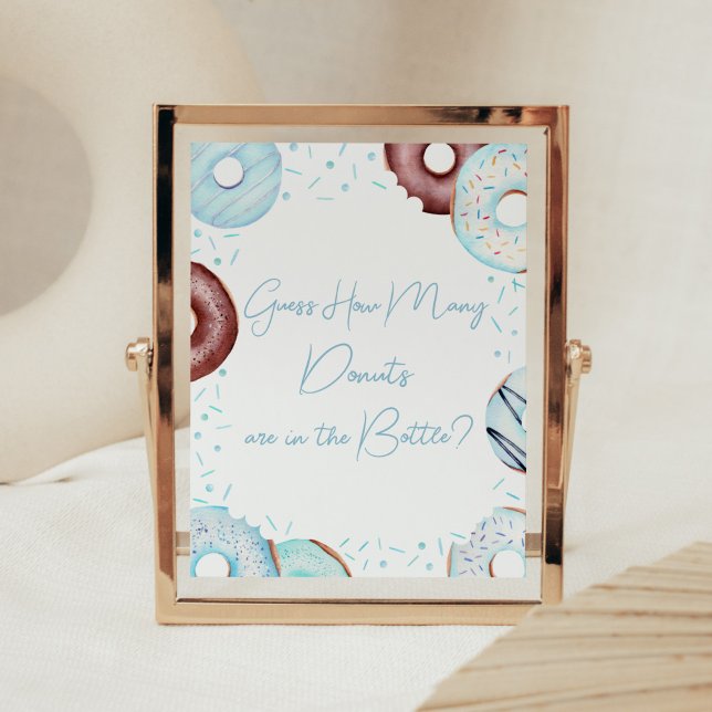 Affiche Blue Guess Combien de beignes sont dans la bouteil (Donuts and Diapers Baby Shower Guess How Many Donuts are in the Bottle Sign)