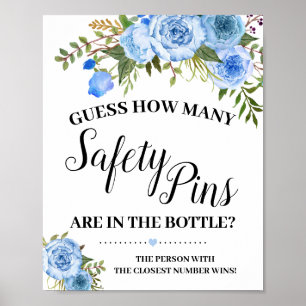 Affiche Blue Guess how many Safety Pins shower game sign