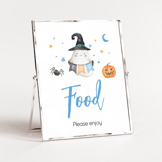 Affiche Blue Halloween Ghost Little Boo Baby shower Nourri (Little Boo Baby Shower Food Sign)