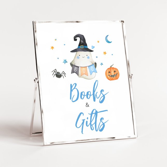 Affiche Blue Halloween Ghost Little Books and Gifts (Little Boo Baby Shower Books and Gifts Sign)