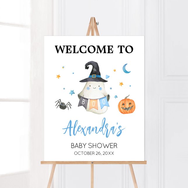 Affiche Blue Halloween Ghost Petit Boite Bienvenue (Little Boo Baby Shower Welcome Sign)