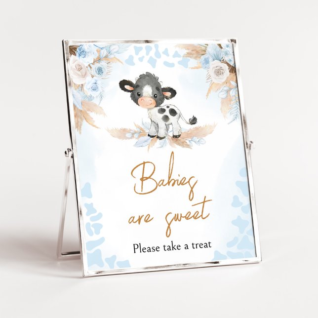 Affiche Blue Holy Cow Baby shower Les bébés sont doux (Boy Highland Cow Baby Shower Babies are Sweet Sign)