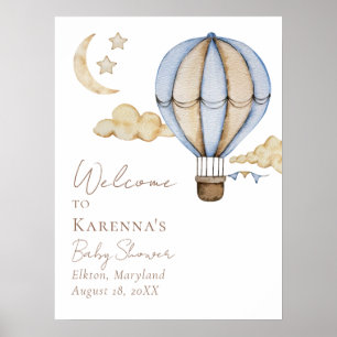 Affiche Blue Hot Air Balloon Baby shower blanc Bienvenue