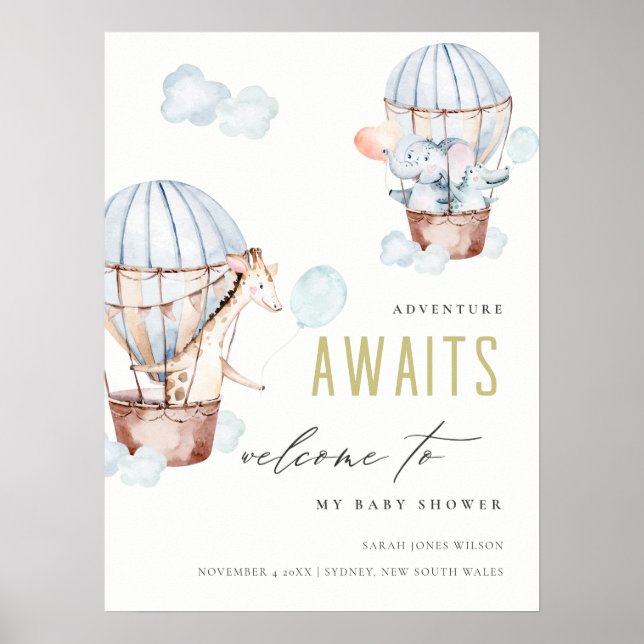 Affiche Blue Hot Air Balloon Safari Animaux Baby shower (Devant)