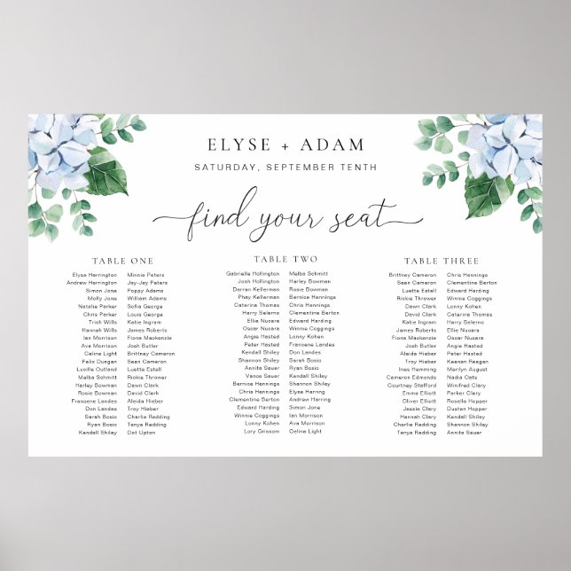 Affiche Blue Hydrangea 3 Banquet Table Plan Planche (Devant)