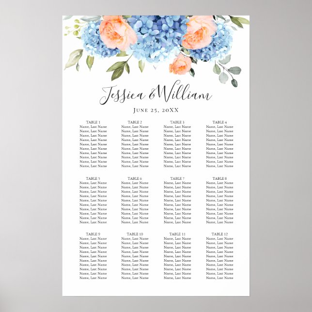 Affiche Blue Hydrangea Blush Rose 12 tables CADRE (Devant)