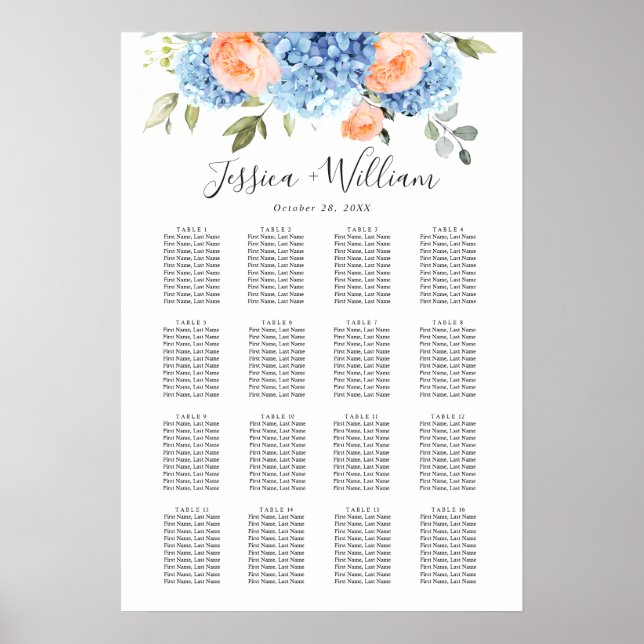 Affiche Blue Hydrangea Blush Rose 15 tables CADRE (Devant)