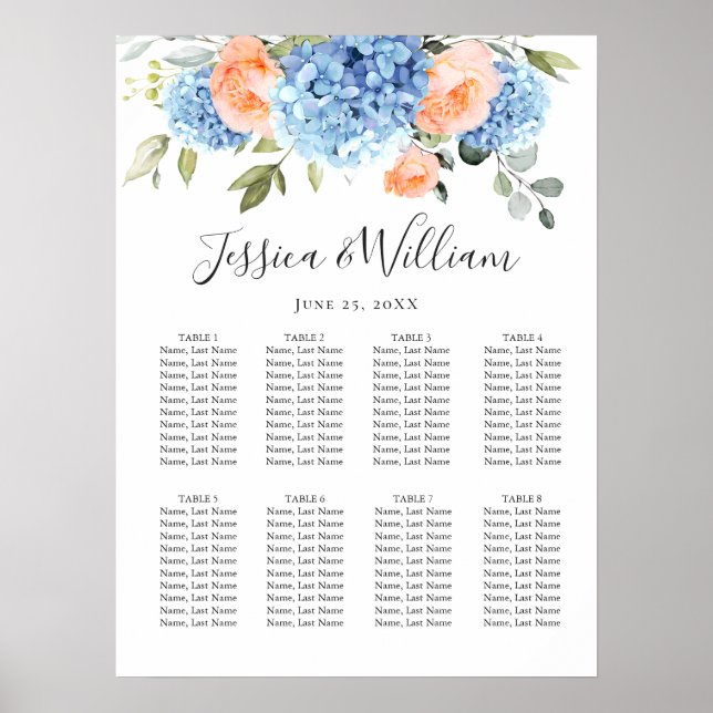 Affiche Blue Hydrangea Blush Rose 8 Tables SEATING CHART (Devant)