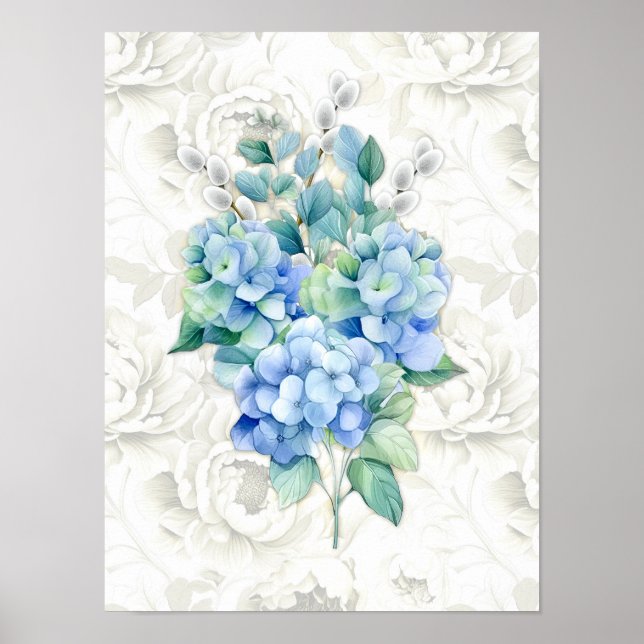 Affiche Blue Hydrangea Botanical Ivory Floral Arrière - pl (Devant)