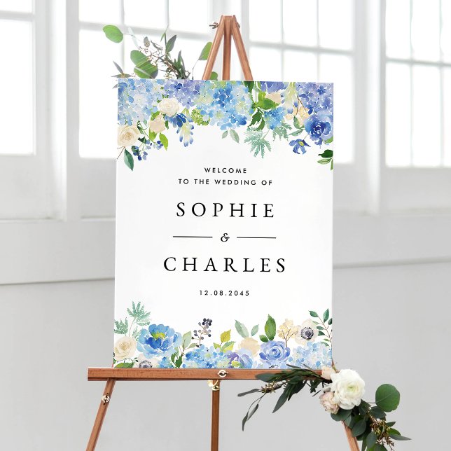 Affiche Blue Hydrangea et White Anemone Mariage Welcome (Customizable wedding welcome sign featuring watercolor blue hydrangeas and ivory roses garlands)