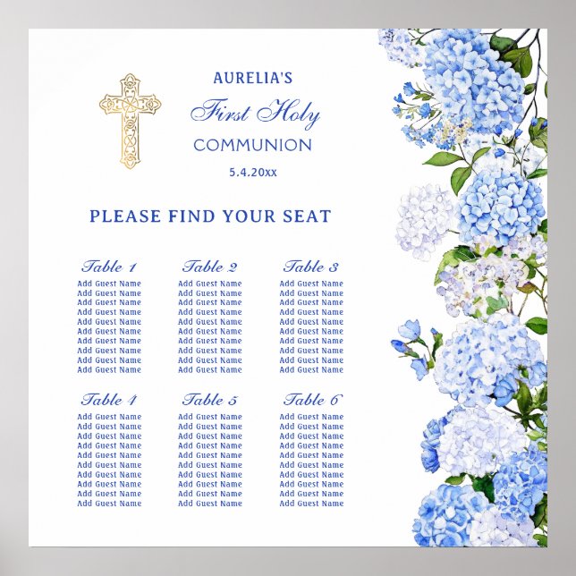 Affiche Blue Hydrangea First Communion Seating Chart (Devant)
