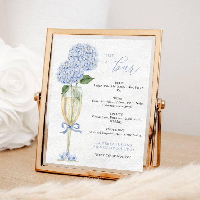 Affiche Blue Hydrangea, Gold Glass Bar Menu (Créateur téléchargé)