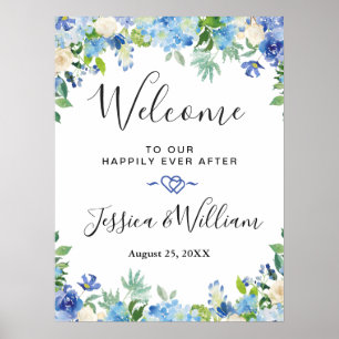 Affiche Blue Hydrangea Greenery Chic Wedding Welcome